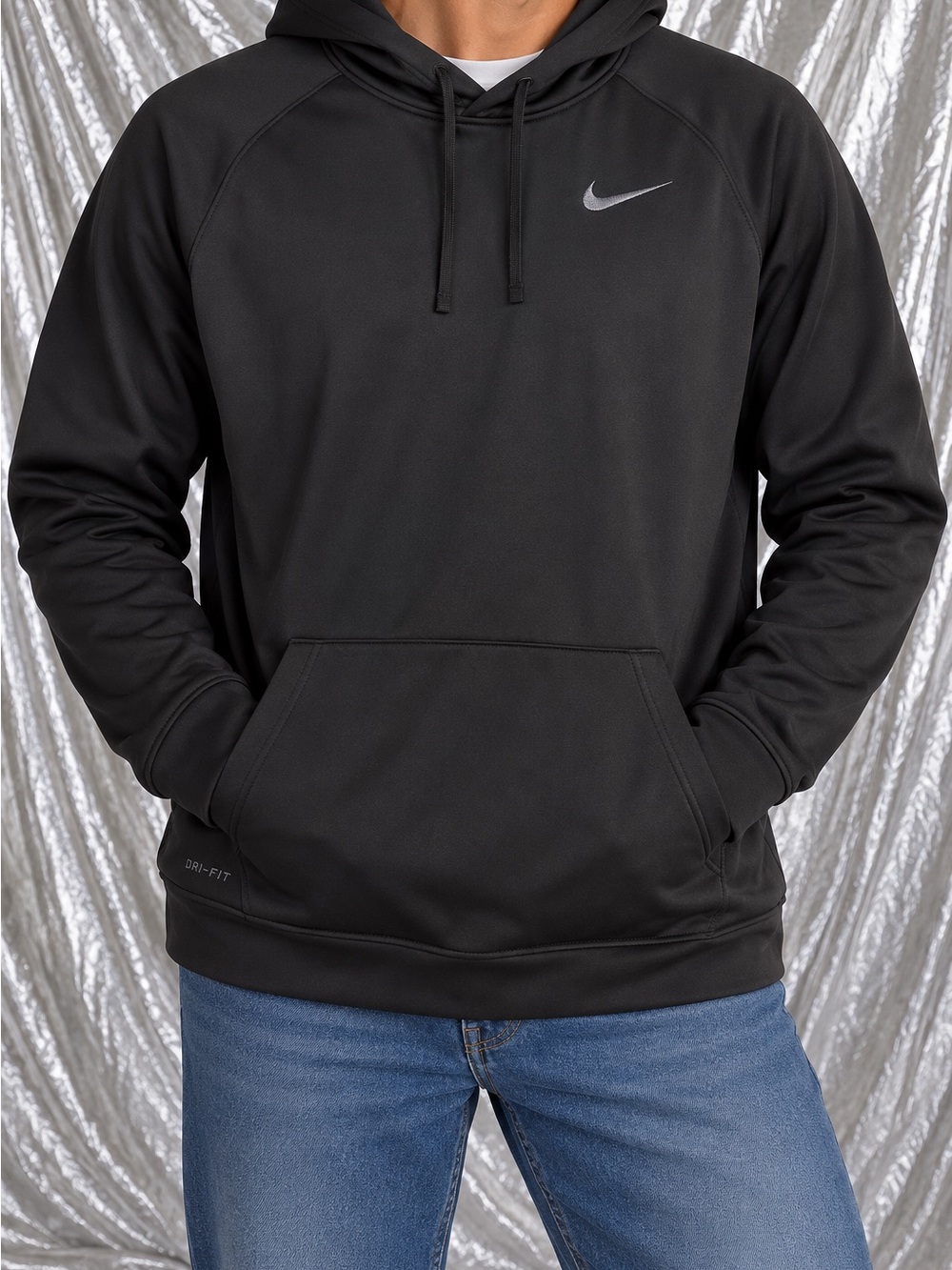 Nike Dri-FIT Black Pullover Hoodie Swoosh Logo Pockets Men's Size MT